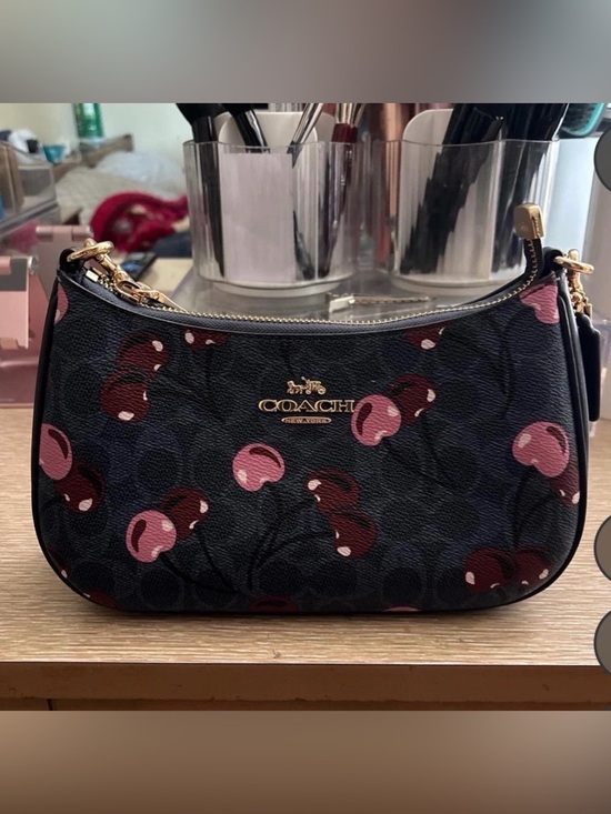 Coach Handbags - COACH Black Cherry-Print Mini Hobo Bag with Pink Accents